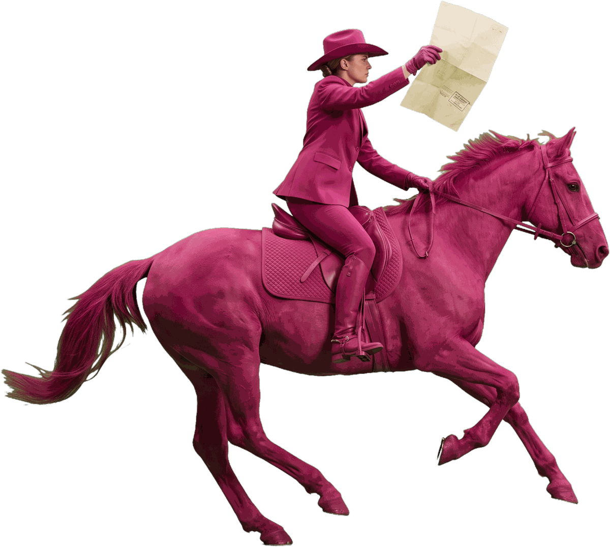 Una fiscalizadora a caballo, vestida de rosa, sosteniendo en alto un documento timbrado.